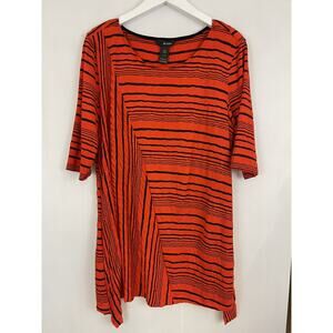 Ali Miles Womens Sz L Tunic Top Red Black Stripes Crinkle 1/2 Sleeve Lagenlook